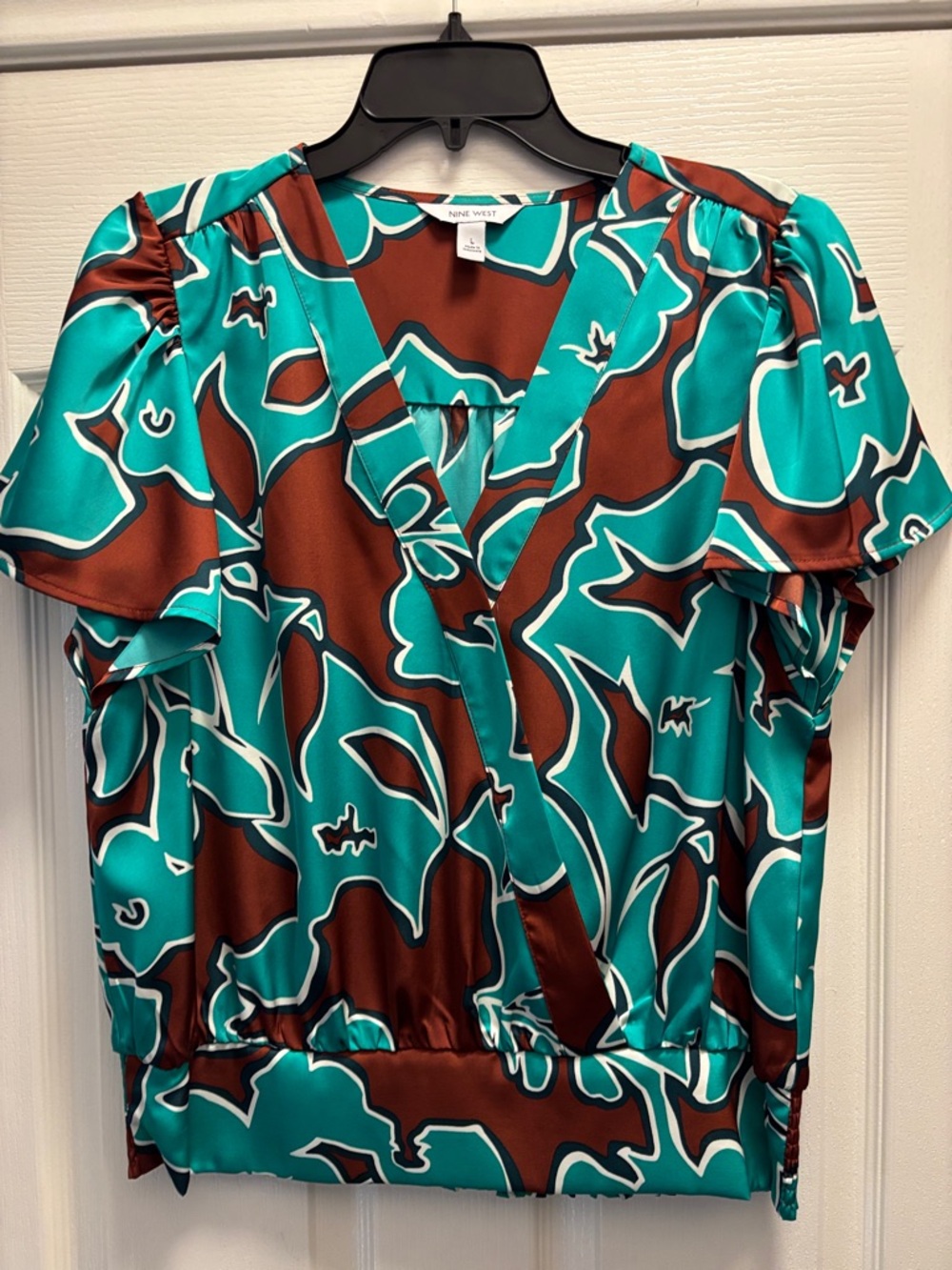 Nine West Teal and Brown Abstract Wrap-Style Blouse